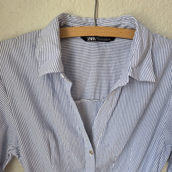 Zara Womens Blue White Striped Sz Small Buttom Collar Belted Shirt Dress - Picture 4 of 16
